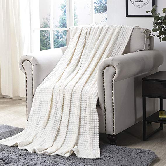 Simple&Opulence Luxury Microfiber Super Soft Throw Blanket with Stereoscopic Grid Design  (Creme, 50" x 70")