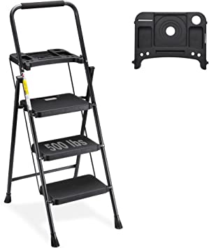 HBTower 3 Step Ladder with Tool Tray, Folding Step Stool with Wide Non-Slip Pedal and Comfort Handgrip for Household and Office, Lightweight 500lbs Capacity Step Ladder, Black