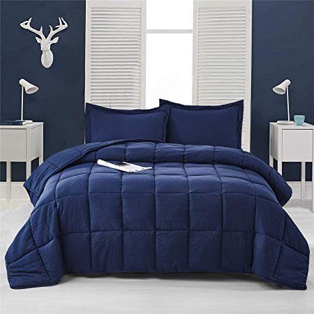 HIG Pre Washed Down Alternative Comforter Set Queen -Reversible Shabby Chic Quilt Desgin -Box Stitched with 4 Corner Tabs -Lightweight for All Season -Navy Blue Duvet Comforter with 2 Pillow Shams