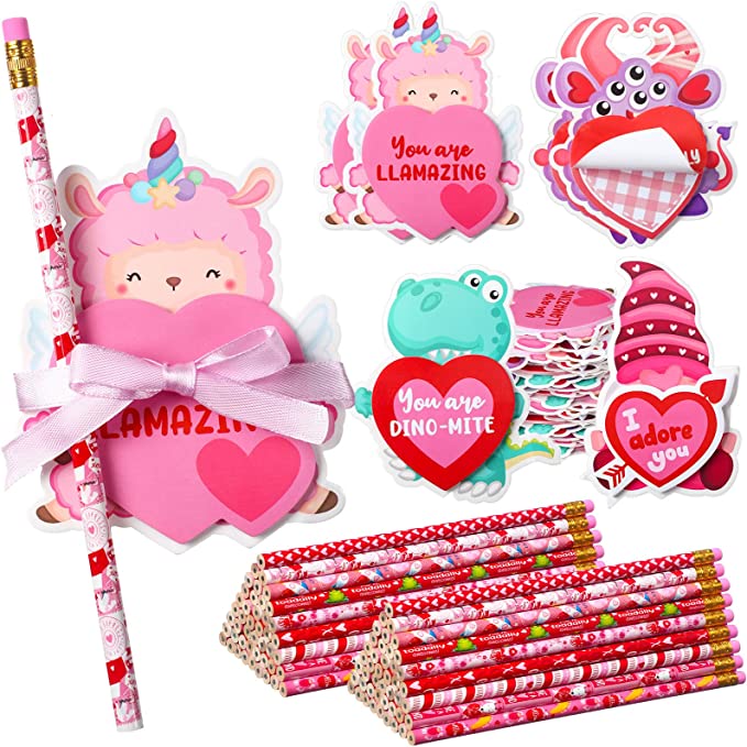 700 Sheet Valentine Heart Sticky Notes and 36 Pcs Pencils Kids Valentines Day Gifts 35 Pack Valentine's Day Gift Cards Pens for Valentine Stationery Set School Gifts Exchange Prizes Party Favors