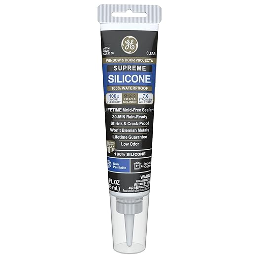 GE Supreme Silicone Caulk for Window & Door - 100% Waterproof Silicone Sealant, 7X Stronger Adhesion, Freeze & Sun Proof - 2.8 fl oz Tube, Clear, 1 Pack