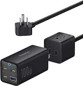 Baseus Charging Station 100W, 5 in 1 Travel Power Strip USB C Charger, with 5ft Detachable Extension Cord, Flat Plug, 2 Outlets AC Power for Cruise, Home, Dorm and Office - PowerCombo Mini