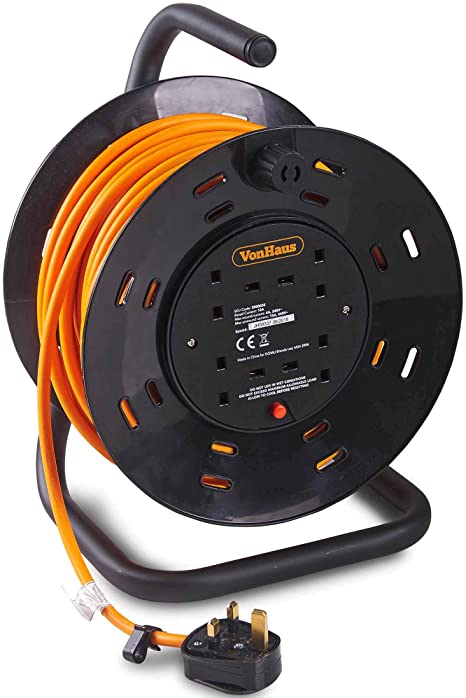 VonHaus Extension Lead/Reel Extra Long 25m - 4 Socket Extension Reel, Metal Frame with Thermal Cut Out