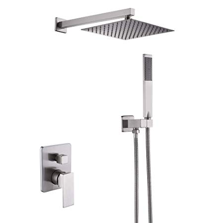 KES Bathroom Shower Faucet Set Brushed Nickel Single Handle Brass Rough-in Valve Body Hand Shower Trim Arm and Showerhead Supply Albow Complete Kit Modern Square, XB6230-2