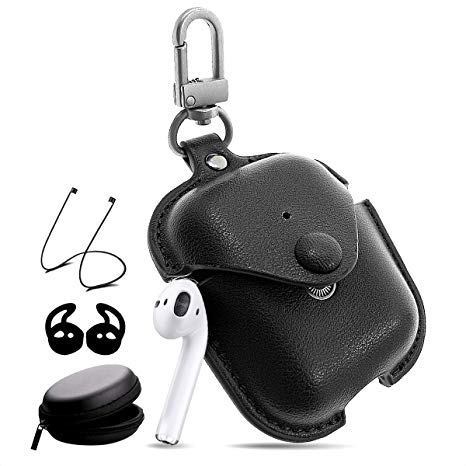 Airpods Leather Case with Strap Kit and Keychain Accessories, Houbox Full Protective Airpod Case for Birthday Compatible Apple Airpods Charging Case (Black)