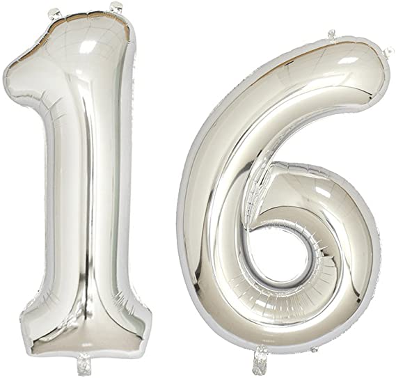 NUOLUX Number 16 Balloons,Birthday Foil Balloons Party Supplies,40 Inch,Silver