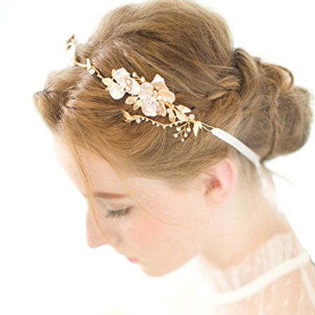 FAYBOX Gold Leaf Themed Crystal Pearl Bridal Headband Wedding Hair Accessories