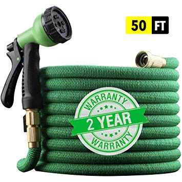 EnerPlex [2019 Upgraded] X-Stream 50 Foot Non-Kink Expandable Garden Hose, 10-Pattern Spray Nozzle Included, 3/4” Brass Fittings Shutoff Valve, Best 50' Foot Garden Hose - 2 Year Warranty - Green