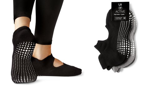 LA Active Grip Socks - 2 Pairs - Yoga Pilates Barre Ballet Non Slip, Powder Grey/Noire Black, Medium