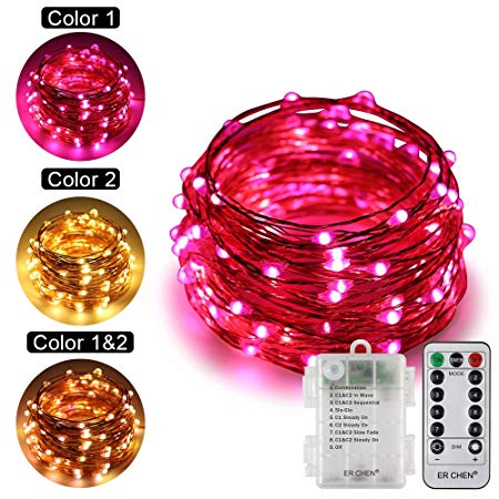 ErChen Battery Powered Dual-Color Led String Lights, 33FT 100 Leds Color Changing Dimmable 8 Modes Copper Wire Fairy Lights with Remote Timer for Indoor Outdoor Christmas (Warm White, Pink)