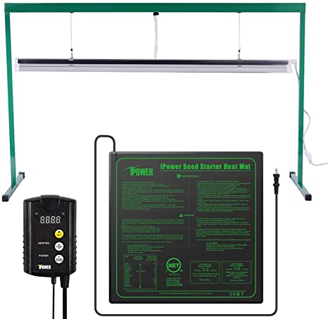 iPower 54W 4 Feet T5 Fluorescent Grow Light Stand Rack (6400k) and 20" x 20" Seedling Heat Mat with 40-108 Degrees Fahrenheit Digital Thermostat Controller Combo Set