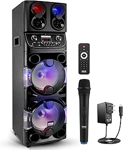 Pyle Portable Bluetooth PA Speaker - 600W Dual 10” Rechargeable Indoor/Outdoor BT Karaoke Audio System -LED Display, FM/AUX/MP3/USB/SD, 1/4" in, Handle, Wheels -Wireless Mic, Remote Control