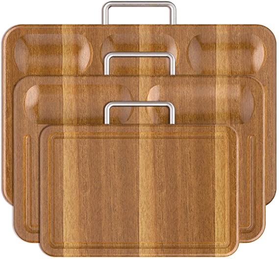 SHAN ZU Multipurpose Thick Acacia Wood Cutting Board Set of 3 Heavy Duty Chopping Board For Kitchen with Built-In Compartments And Deep Juice Grooves, Stainless Steel Handle Chopping Carving Board