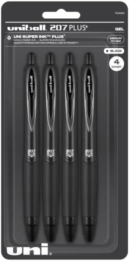 uniball 207 Plus  Retractable Gel Pens 4 Pack in Black with 0.7mm Medium Point Pen Tips - Uni-Super Ink  is Smooth, Vibrant, and Protects Against Water, Fading, and Fraud