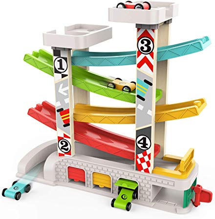 TOP BRIGHT Car Ramp Toy for 1 Year Old 2 Year Old Boy Gifts, Toddler Race Track Toy with 4 Wooden Cars and 3 Car Garage