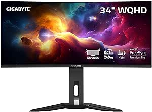 GIGABYTE - MO34WQC2 (SA) - 34" QD-OLED Curved Gaming Monitor - WQHD 3440x1440 - Curved - 240 Hz - 0.03ms GTG - AMD FreeSync Premium Pro - Type C KVM - HDMI, DP, Type C - Height Adjustable - Black