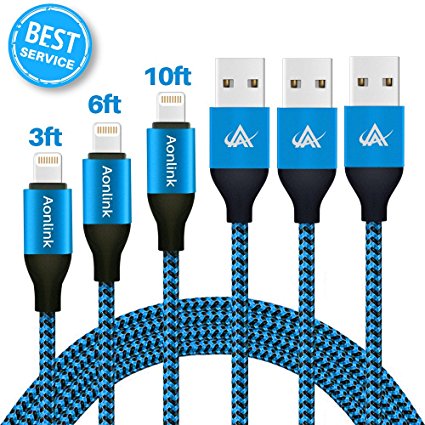 Aonlink iPhone Cable, 3Pack 3FT 6FT 10FT Nylon Braided Lightning to USB iPhone Charger Cord with Aluminum Connector for iPhone 7/7 Plus/6s/6s Plus/6/6Plus/5s/5c/5, iPad/iPod Models-Blue black