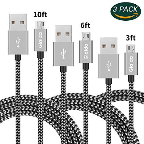 Glaida Micro USB Cable 3Pcs 3FT/6FT/10FT Long Premium Nylon Braided Android Charger USB to Micro USB Charging Cable Samsung Charger Cord for Samsung GalaxyS7/S6/S4/S3,Note 5,HTC,Nokia,Sony(Black Gray)