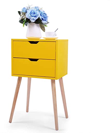 JAXPETY Night Stand Bedside End Table Organizer Wood Bedroom Yellow w/2 Drawer