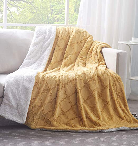 Tache Mustard Yellow Moroccan Lattice Pattern Super Soft Warm Faux Fur Throw Blanket, 50x60