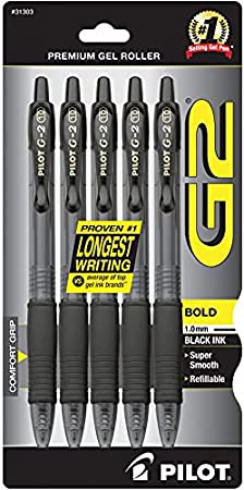 Premium Refillable & Retractable Rolling Ball Gel Pens, Bold Point, Ink, 5-Pack (Black) 31303H