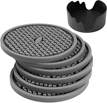 JYKJ Silicone Drink Coasters Set of 6 in Holder - Protect Furniture from Water Marks & Damage, Coaster with Deep Grooved and Non-Slip Bottom for Coffee Beer Mug Wine Glass (Grey)