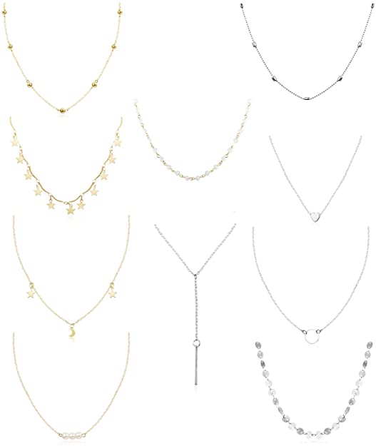 FUNRUN JEWELRY 10PCS Layered Chocker Necklace for Women Girls Multilayer Chain Necklace Set Adjustable
