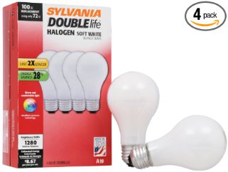 SYLVANIA Halogen Lamp Double life / Dimmable Light Bulb A19 / Energy-saving replacement for 100W Incandescent / Medium base E26 / 72 Watt / 2800K - soft white, 4 Pack