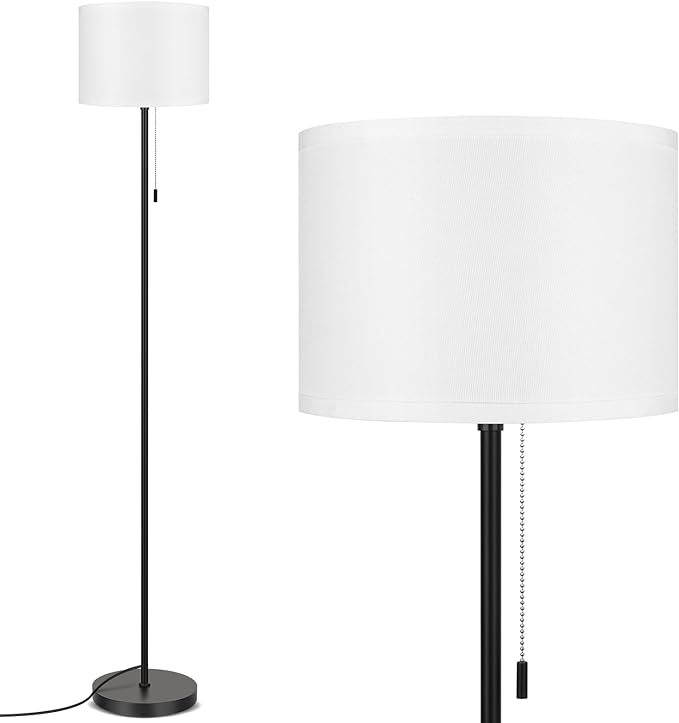 FOLKSMATE Floor Lamp for Living Room, Modern LED Simple Standing Lamps, Minimalist Tall Lamp for Bedroom, Living Room, Office, Kids Room, Reading Light, Black Pole Lamp with White Shade, Without Bulb