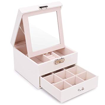 NOVA JUNS Jewelry Box, Lockable Girls Jewelry Organizer and Storage case with Flip-Over Mirror, White
