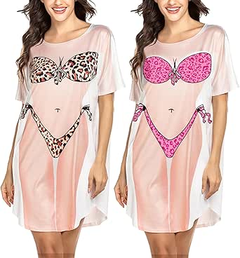 Ekouaer Womens Bikini Shirt Cover Up Short Sleeve Funny Bikini Print Cover-Up 2 Pack Cute Baggy Shirt Dress S-XXL