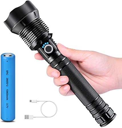 OUTERDO LED Tactical Flashlight, Bright LED Torch 90000 Lumens, 3 Modes Rechargeable Water Resistant Zoomable Repair Tool Camping Handheld Light for Hiking Camping Auto Emergencies (Black)