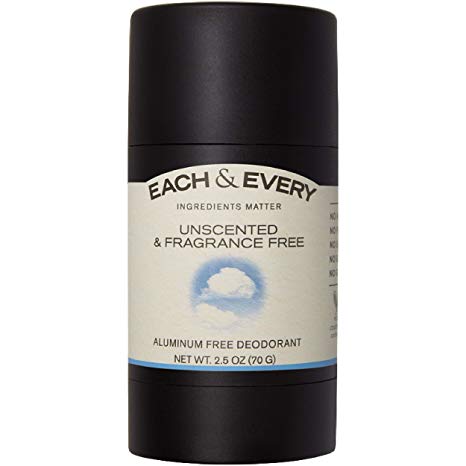 Each & Every All Natural Aluminum Free Unscented Deodorant for Women and Men, Cruelty Free Vegan Deodorant with Essential Oils, Non-Toxic, Paraben Free, Fragrance Free, 2.5 Oz.