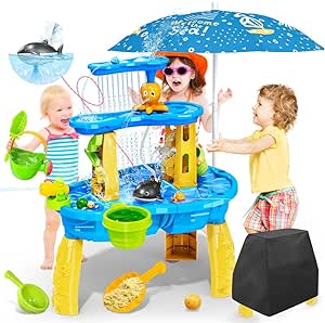 VATOS Wasserspieltisch für Kinder Kleinkinder - mit Wasser Pumb & Umbrella 3-Tier Sand Wassertisch Spielzeug Wasser Spielen Spielzeug für draußen im Freien Hinterhof, Kleinkind Jungen Mädchen