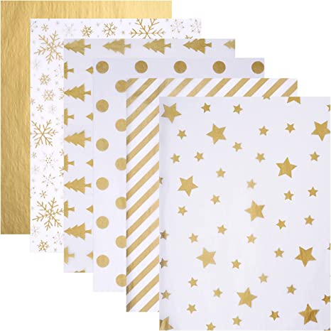 Blisstime 106 Sheets Gold Tissue Paper Gift Wrap Bulk,19.5" x 13.6"Christmas Tissue Paper for Wrapping, 6 Assorted Designs Golden Stars Snow Dots for Christmas Gift Bags,DIY and Craft