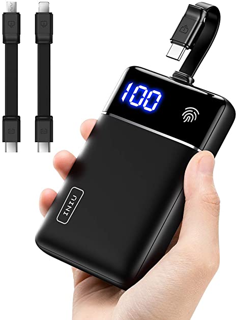 INIU Portable Charger Built in 3 Cables & Touch LED Display, The Lightest Palm-Size 10000mAh Power Bank, Tri-3A High-Speed Battery Pack for iPhone 11 Pro X 8 Plus Samsung S10 Google iPad AirPods etc.