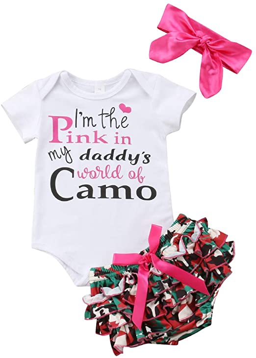 Newborn Baby Girls Clothes I'm The Pink in My Daddy's World of Camo Rompers Ruffel Pants Shorts Headband 3PCS Outfits Set