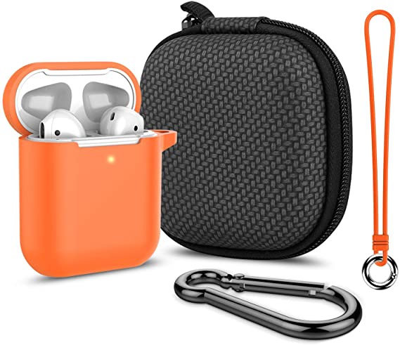 Airpods Case, Music tracker Thicken Protective Airpods 2 Cover Soft Silicone Earbuds Case [Front LED Visible] with Carabiner/Anti-Lost Lanyard/EVA Storage Bag for Apple Airpods Gen 2 (Bright Orange)