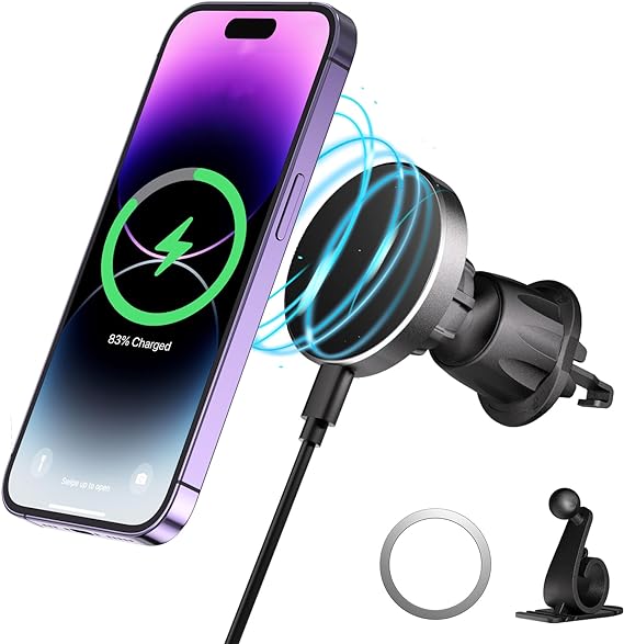 Marchpower Mag Safe Car Mount Charger，15W Magnetic Wireless Car Charger Mount with Charging Cable, 360°Adjustable Car Air Vent and Stick On Dashboard Car Mount Charger for iPhone 15/14/13/12 Series