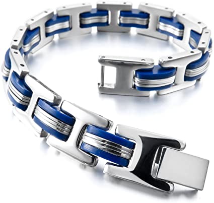 INBLUE Men's Stainless Steel Rubber Bracelet Link Wrist Silver Tone Orange Blue Black Rectangular