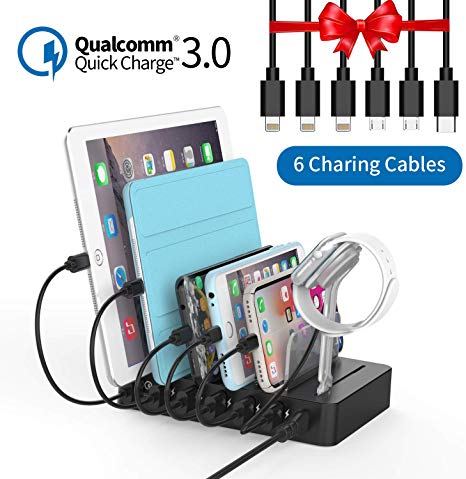 6 Ports Charging Station Organizer for Multiple Devices - NTONPOWER USB Fast Charging Dock with QC 3.0, 6 Short Cables Included, iWatch Stand, for Smartphones, Tablets & Other Gadgets [UL Listed]