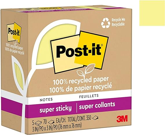 Post-it 100% Recycled Paper Super Sticky Notes, 2X The Sticking Power, 3x3 in, 5 Pads, 70 Sheets/Pad, Canary Yellow(654R-5SSCY)