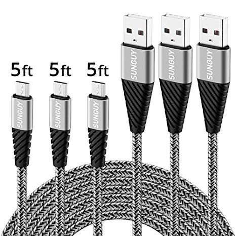 Micro USB Cable,SUNGUY [3-Pack] 5FT/1.5M Braided Micro USB Charging & Data Sync Cables Android Charger Cord for Galaxy S7 Edge,Moto G5 Plus,Huawei P0 Lite,Sony Xperia Z5,Kindle Fire and More