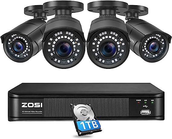 ZOSI 5MP 8CH H.265  PoE Home Security Camera System Outdoor Indoor, 8CH 2K PoE NVR with 1TB HDD for 24/7 Recording and (4) 4MP Surveillance Bullet IP Cameras with 120ft Night Vision, Remote Access