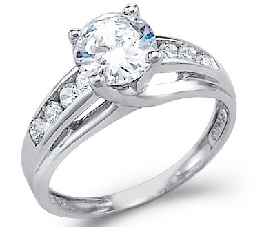 14K White Gold Round Solitaire Cubic Zirconia Engagement Ring, 1.5ct