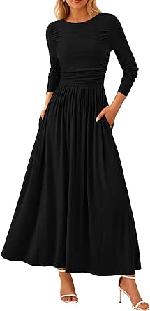 PRETTYGARDEN Women's Spring Casual Long Sleeve Maxi Dresses Crewneck Ruched A Line Flowy Elegant Modest Going Out Dress