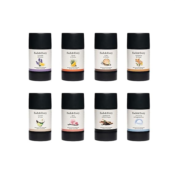 Each & Every 8 Minis Deodorant Variety Set | Aluminum-Free and EWG Verified | Sensitive-Skin Friendly, Free of Baking Soda and Alcohol, Plant-Based Packaging | (0.5 oz, Pack of 8)