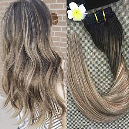 Full Shine 20 inch Pastel Hair Dye Hair Extensions Clip in Human Hair 120gram 10 Pcs Color #1B Fading to #8 and #22 Blonde Clip Extensions
