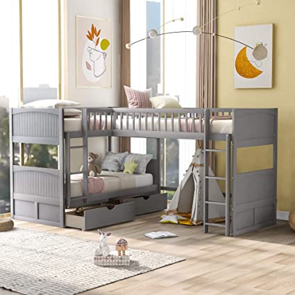 Harper & Bright Designs Triple Bunk Bed for Kids L Shaped Bunk Bed Solid Wood Twin Over Twin Over Twin Bed with 2 Drawers and 2 Ladders, No Box Spring Needed, Gray