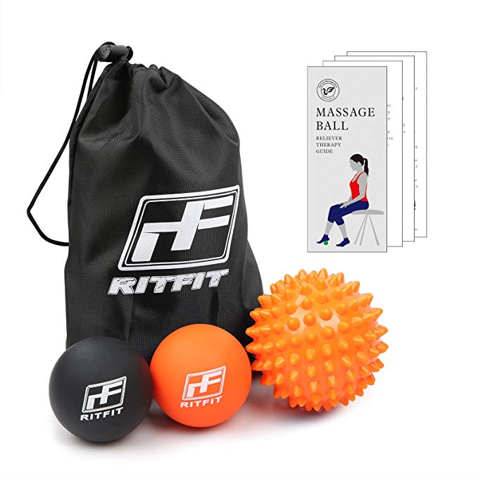 RitFit Massage Ball Set (2 Lacrosse Balls and 1 Spiky Ball) - Best for Pain/Trigger Points Relief & Therapy, Myofascial/Plantar Fasciitis Release, Includes FREE Carry Bag and Exercise Guide Book